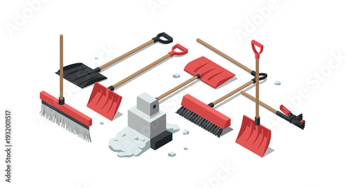 Isometric winter tools set with snow shovels, brooms, and ice scraper