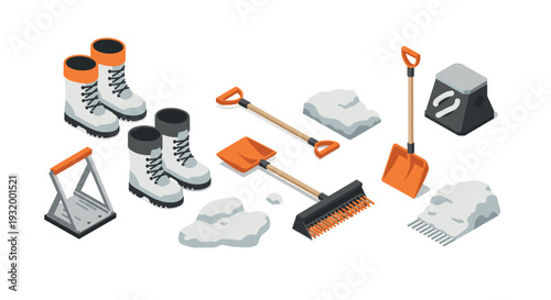 Winter snow equipment in isometric style featuring shovels, boots, and ice tools