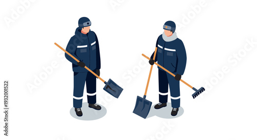 Isometric winter workers in uniform with shovels and rakes