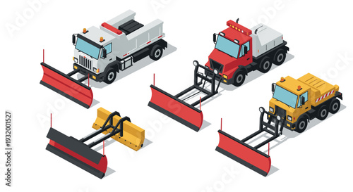 Isometric snow plow trucks collection with detailed front blades for winter maintenance