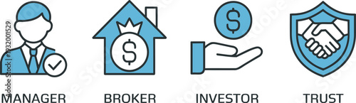 Business Finance Icons Set with Manager, Broker, Investor and Trust Symbols