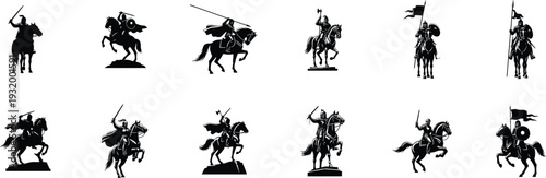 Medieval knights on horseback in dynamic poses with swords and flags in black silhouette on white background for historical illustration