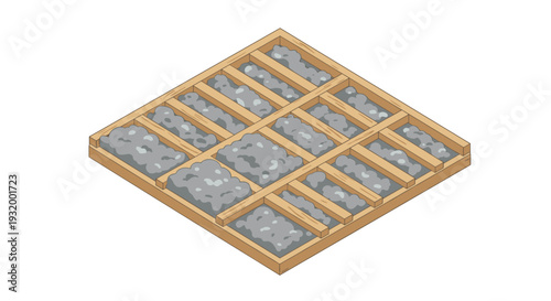 Wooden framework with concrete infilling in isometric view