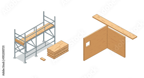 Isometric construction elements: scaffolding structure and wooden panels