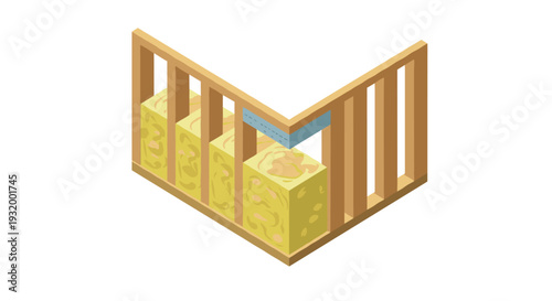 Isometric wooden beam structure with insulation blocks
