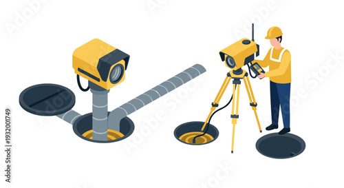 Isometric city surveying: worker with tripod and manhole camera
