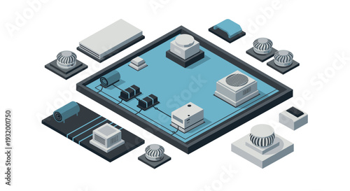 Isometric building roof with hvac units and chimneys in modern design