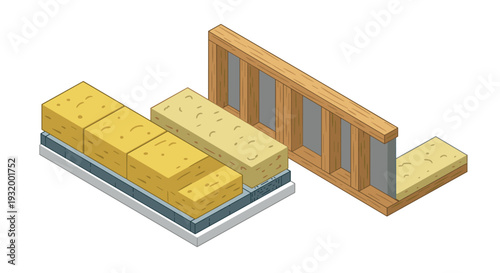 Isometric brick wall construction showing insulation layers
