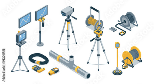 Modern surveying equipment in isometric style with tripods and screens