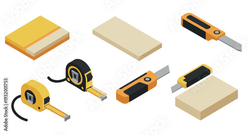 Isometric office and diy tools set with tapes and utility knives