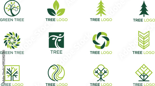 Set of flat vector green tree logo templates and nature symbols for environmental branding, eco friendly business identity, organic products, and sustainable forestry concepts