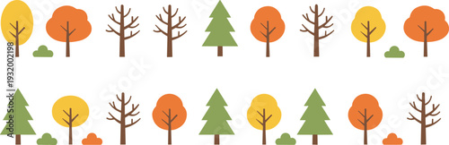 Set of flat vector minimalist tree icons including green pines, orange autumn deciduous trees, yellow fall foliage, and bare winter branches for seasonal landscaping
