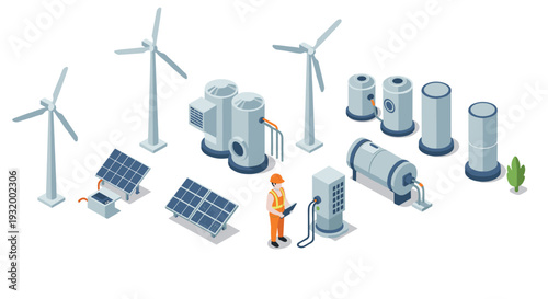 Isometric renewable energy systems concept with wind turbines and solar panels