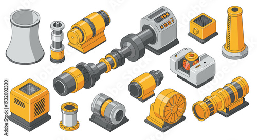 Industrial machinery components in isometric style for engineering and technology