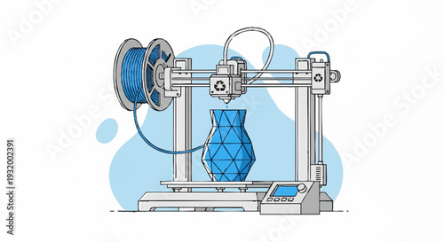 3D Printer Creating a Blue Geometric Vase Object.