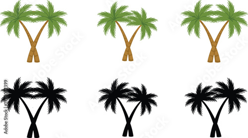 Set of flat vector tropical palm trees with brown trunks and green fronds plus black silhouette versions for summer vacation, beach, and travel designs