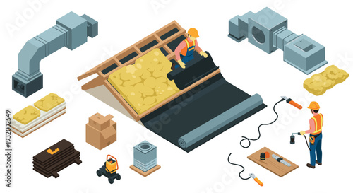 Worker installing roof insulation material in isometric construction scene with tools