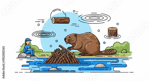 A detailed illustration of a beaver building a dam.