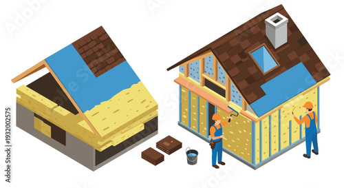 Isometric construction scene with workers installing house insulation