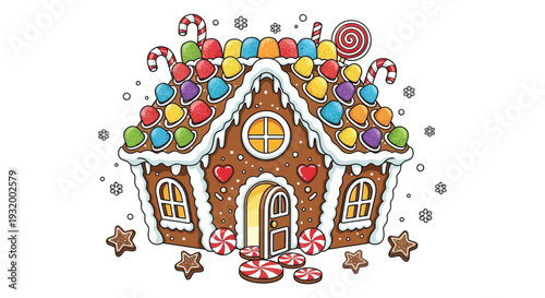 Delicious colorful gingerbread house decorated with candy and icing