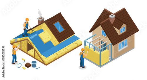 Home renovation isometric style: workers installing insulation on roof and walls