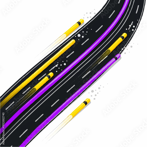 Abstract Highway Lanes with Glowing Purple and Yellow Lines.