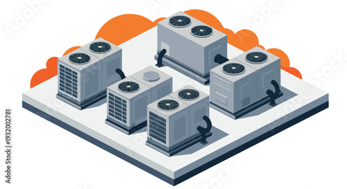 Rooftop air conditioning units in isometric style on abstract background