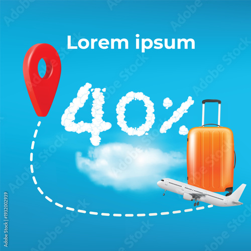 Air travel discount advertisement featuring forty percent cloud numbers with white airplane orange suitcase and red location pin over blue clouds