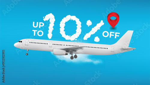 Airplane flying with up to 10% off text and a red pin icon, travel discount, flight sale promotion, limited time offer