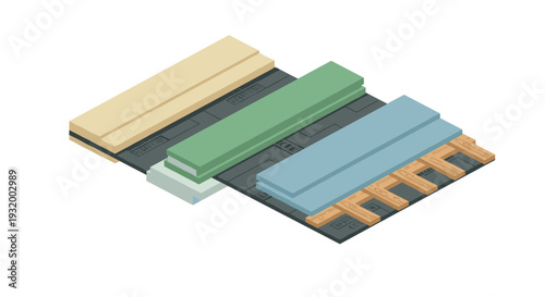 Isometric wooden pallets with stacked colored panels and boxes