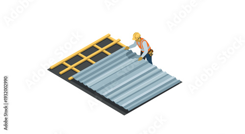 Isometric worker installing metal roofing sheets on wooden frame construction