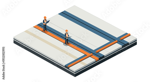 Construction workers analyzing blueprints on isometric construction site