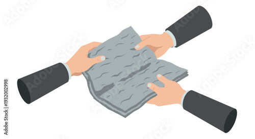 Hands delivering a folded newspaper in flat style on white background