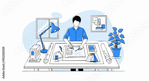 Architect working on blueprints at a drafting table with tools.