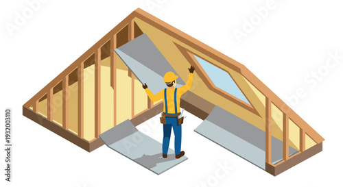 Worker installing drywall panels in attic construction scene