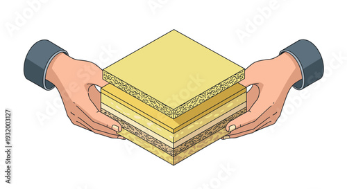 Hands holding sample layers of insulation materials in detailed 3d illustration