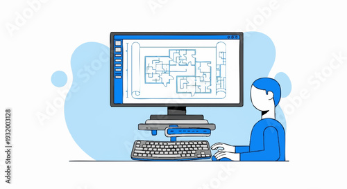 Architectural blueprint displayed on computer screen with person working.