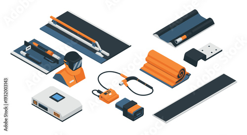 Modern isometric construction tools for flooring and painting projects