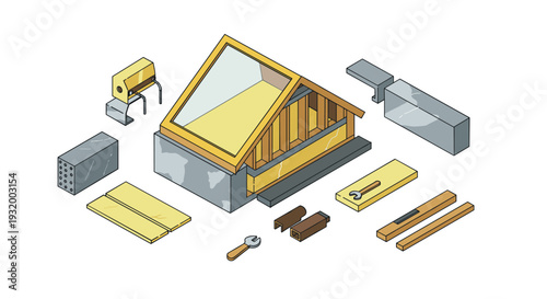 Isometric wooden house construction elements with tools