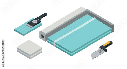 Isometric construction tools with drywall and hand saw for modern building projects