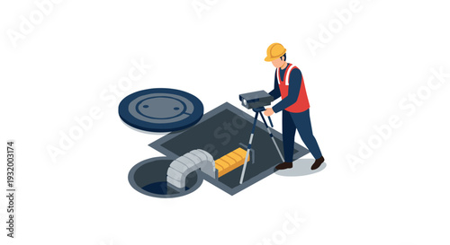 Isometric sewer inspection with professional worker using camera equipment