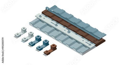 Isometric metal roofing components and brackets in industrial style design
