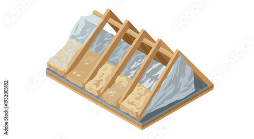 Cross-section of roof insulation with wooden beams in isometric design