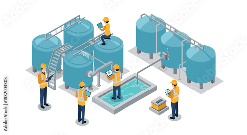 Water treatment plant isometric design with engineers working on blue storage tanks and pipes