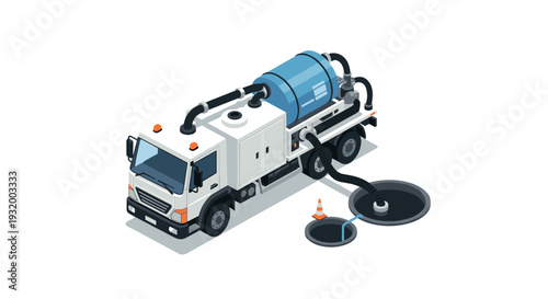 Powerful vacuum truck cleaning sewer system in detailed isometric style