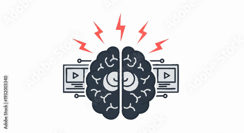 Brain with lightning bolts and video screens symbolizing mental overload.