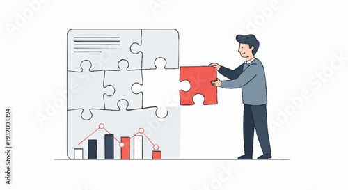 Business man completing a puzzle with a red piece.