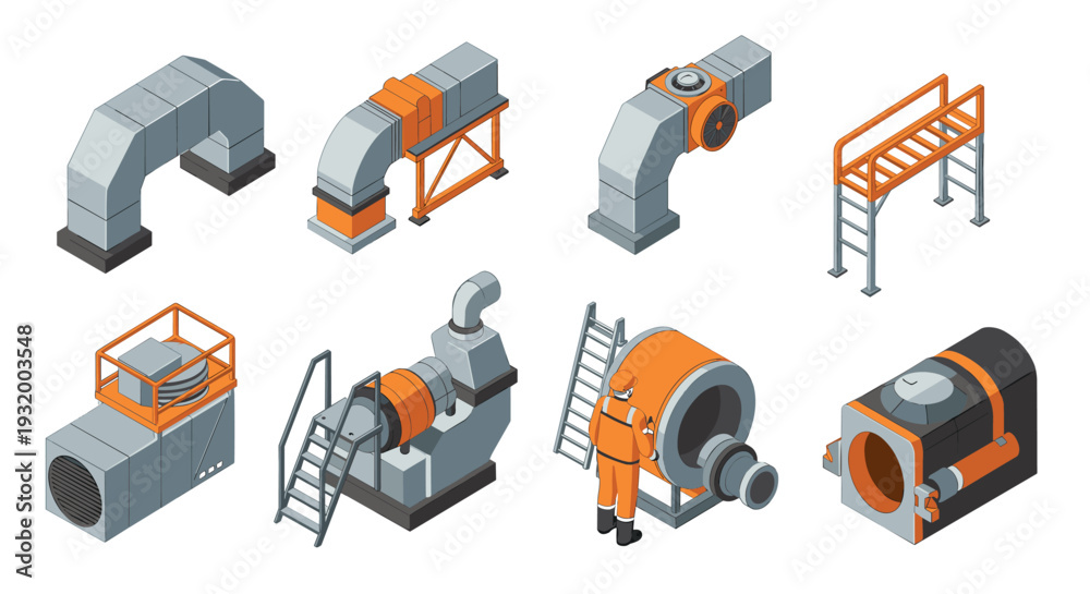 Naklejka premium Industrial hvac components isometric set with engineer in protective gear