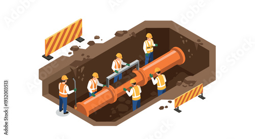 Workers installing underground pipes in isometric construction scene