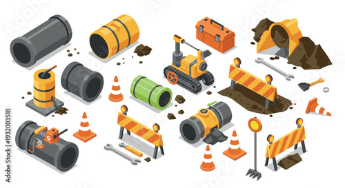 Isometric construction site tools and pipes collection